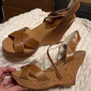 Apostrophe Tan Cork Wedge Sandals with Ankle Strap